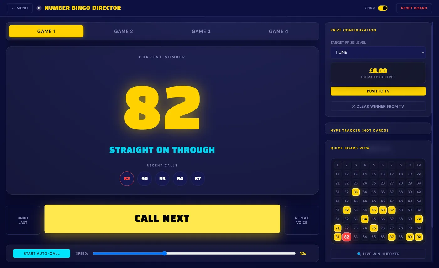 The DJ's laptop screen during bingo, with the call button, prize settings and a live board