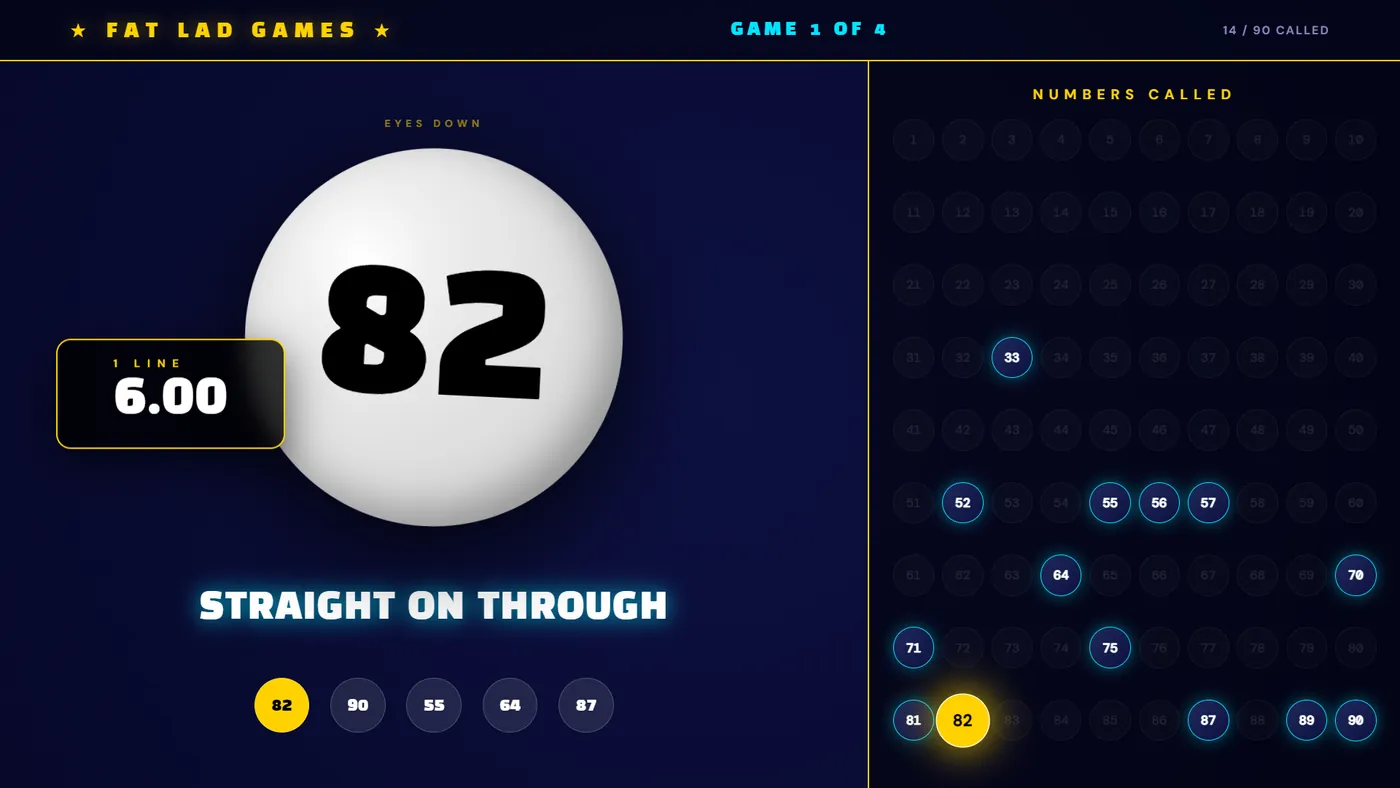 The pub TV during bingo: number 82 on a big ball, with every called number lit up