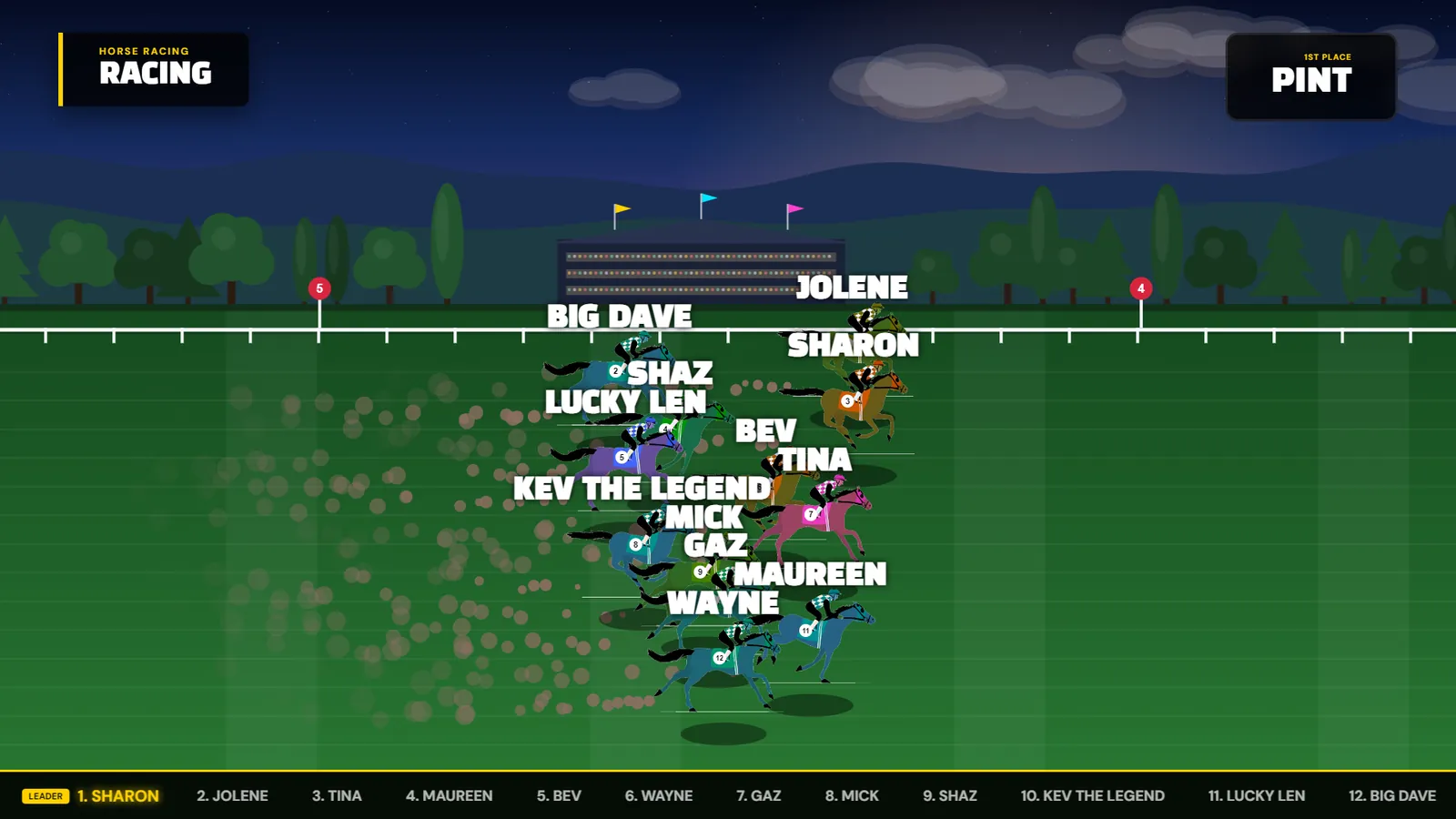 Race night on the pub TV: twelve horses racing, each carrying a player's name